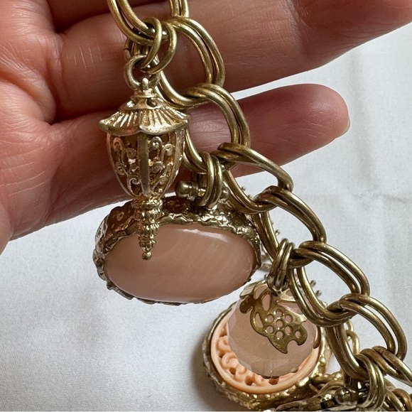 Rose Quartz, Pink Lace Agate, Coral Stone & Brass Gold Brass Pink Charm Necklace - Picture 5 of 17